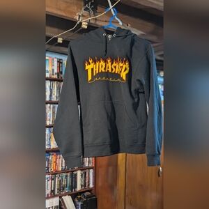 Thrasher Magazine Flame Logo Pullover Hoodie Sweatshirt Distressed Faded Size S